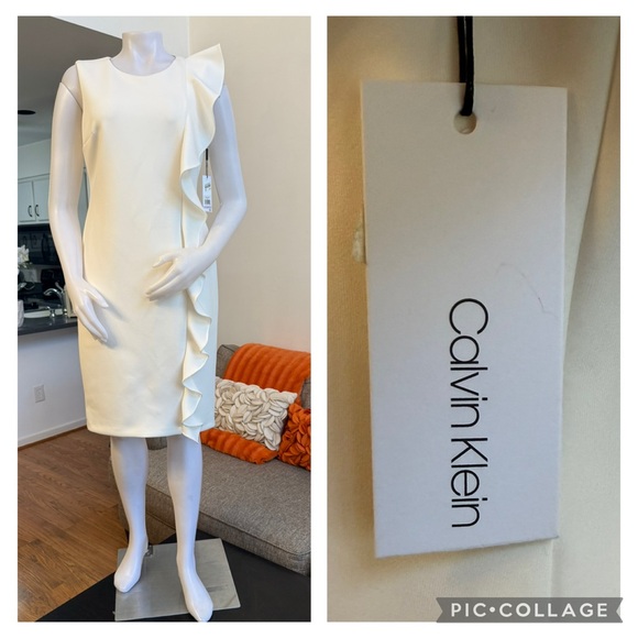NWT Calvin Klein Side-Ruffle White Scuba Sheath Dress - Picture 1 of 11